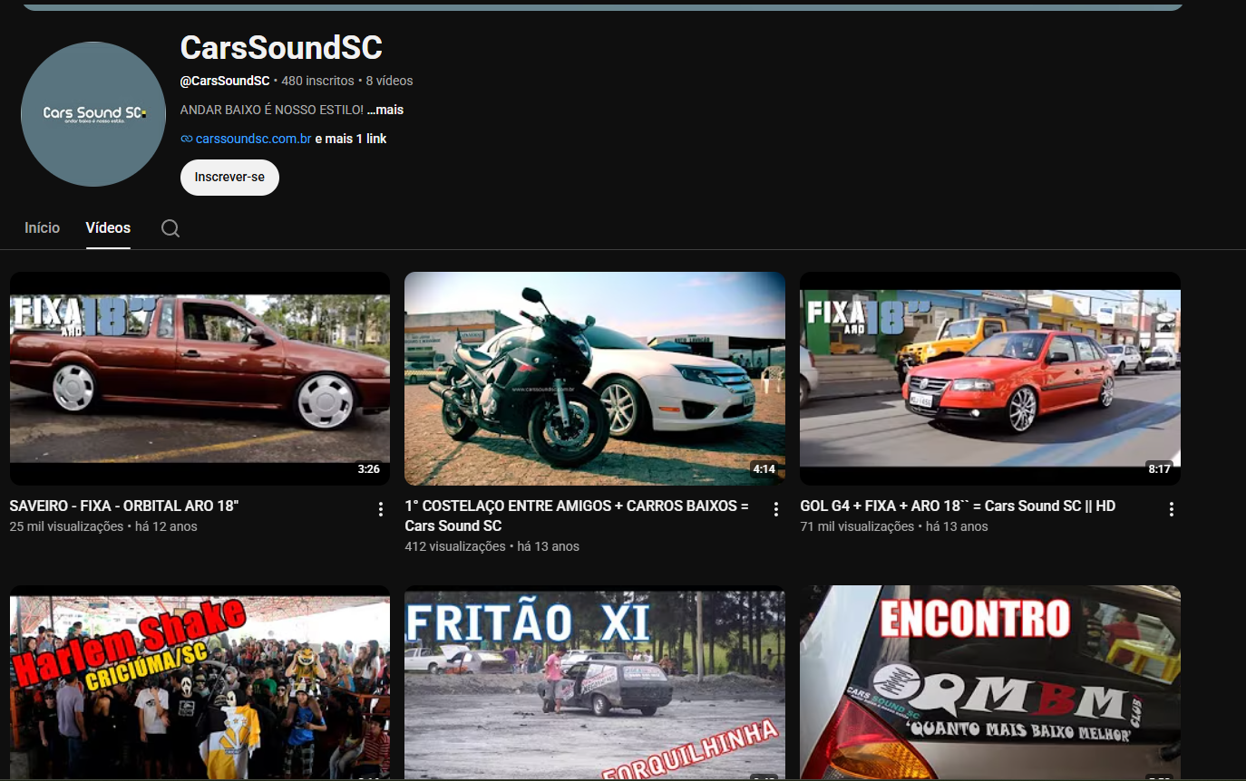 Print do canal CarsSoundSC no YouTube com vídeos de carros e eventos